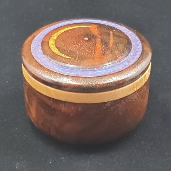 Vintage Wooden Trinket Jewelry Box Round with Inlaid Agate Top Lid - Picture 1 of 12